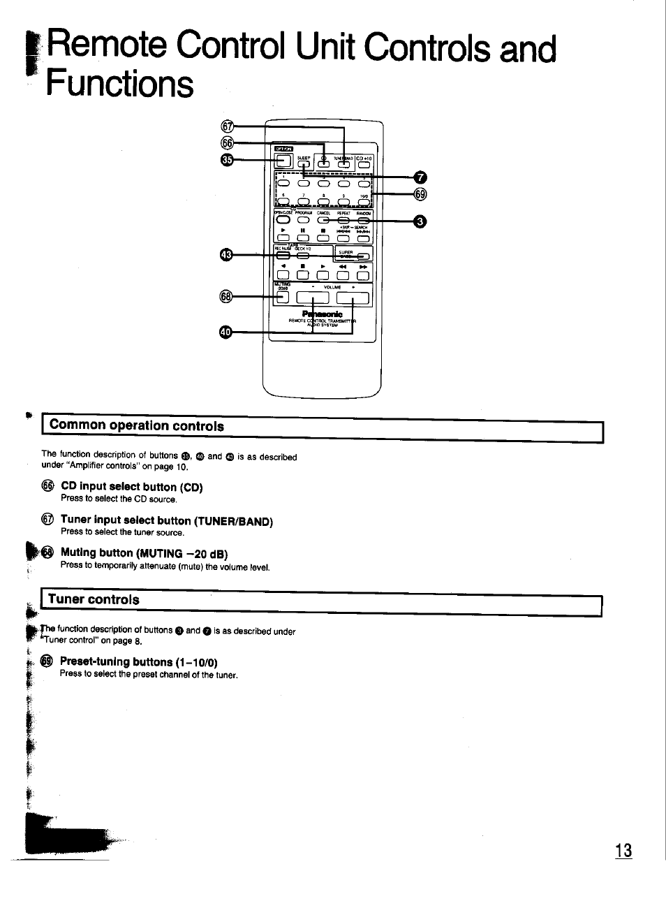 Remote control unit controls and functions, Cd input select button (co), Tuner input select button (tuner/band) | Muting button (muting -20 db), Preset-tuning buttons (1-10/0), Front panei controis and functions | Panasonic SC-CH33 User Manual | Page 13 / 60