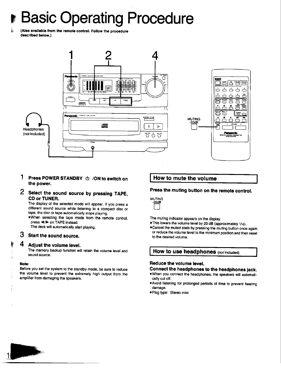 Basic operating procedure, 1 press power standby 6 /on to switch on the power, 3 start the sound source | 4 adjust the volume level, Press the muting button on the remote control, Reduce the volume level, Connect the headphones to the headphones jack | Panasonic SC-CH33 User Manual | Page 16 / 60