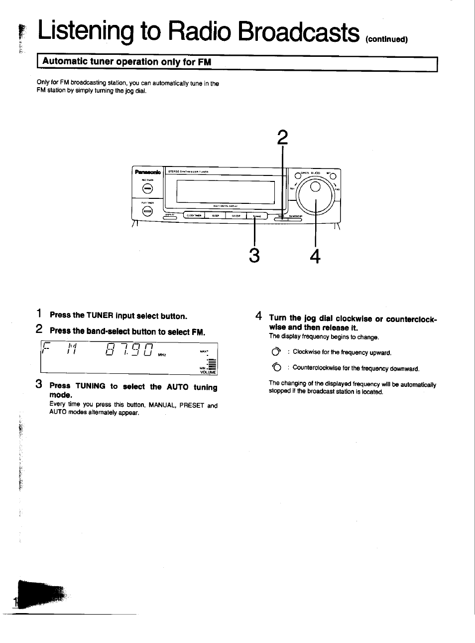 Listening to radio broadcasts, Automatic tuner operation only for fm, 1 press the tuner input select button | 2 press the band-select button to select fm, Press tuning to select the auto tuning mode | Panasonic SC-CH33 User Manual | Page 18 / 60