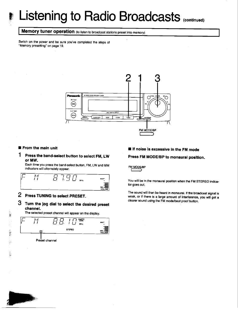 Listening to radio broadcasts, From the main unit, 2 press tuning to select preset | Panasonic SC-CH33 User Manual | Page 20 / 60
