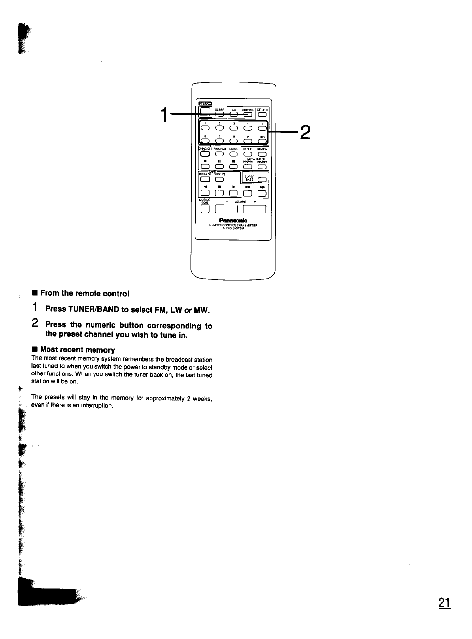 From the remote control, 1 press tuner/band to select fm, lw or mw, Most recent memory | Panasonic SC-CH33 User Manual | Page 21 / 60
