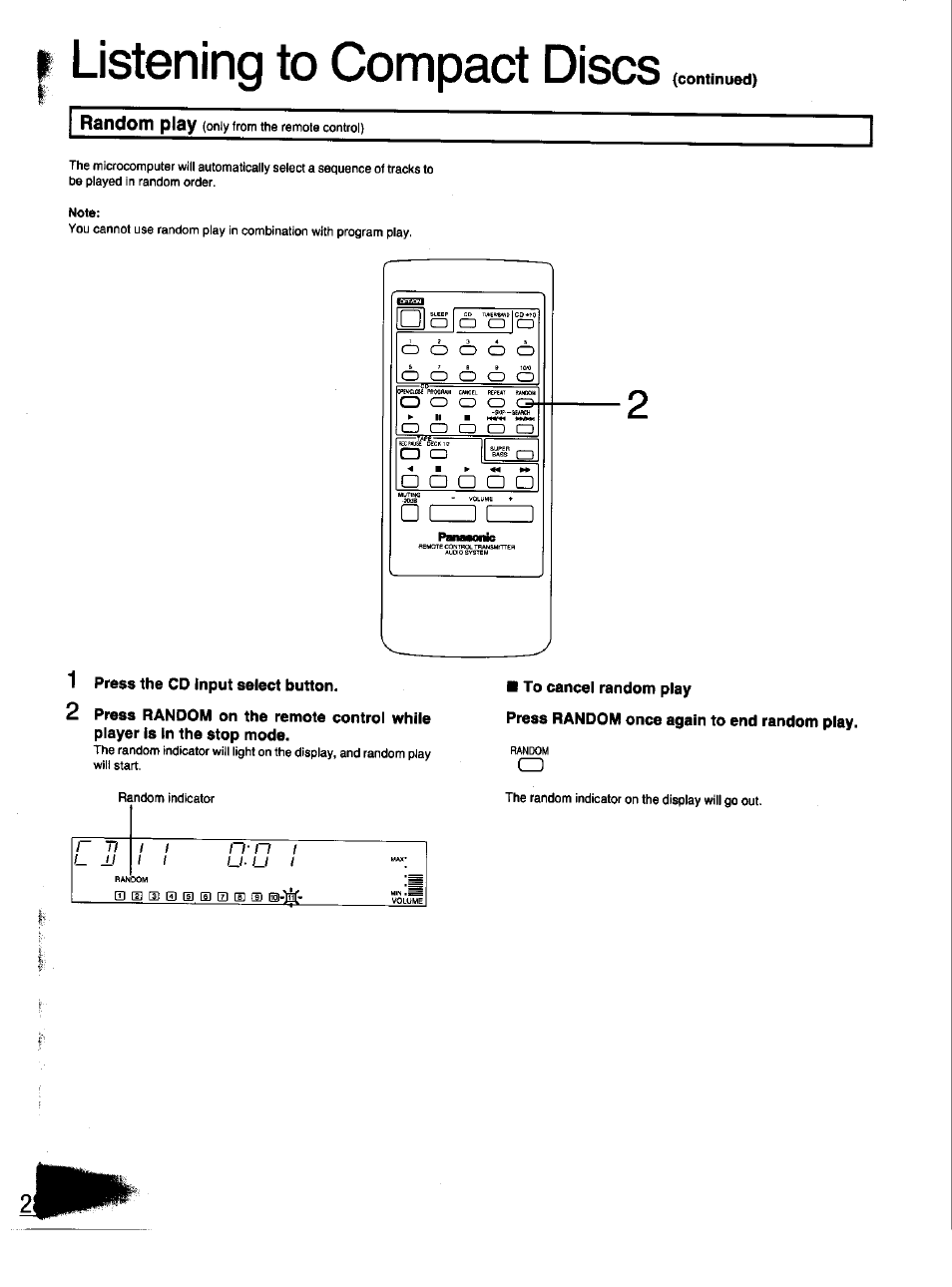 Listening to compact discs, 1 press the cd input select button, To cancel random play | Press random once again to end random play | Panasonic SC-CH33 User Manual | Page 28 / 60
