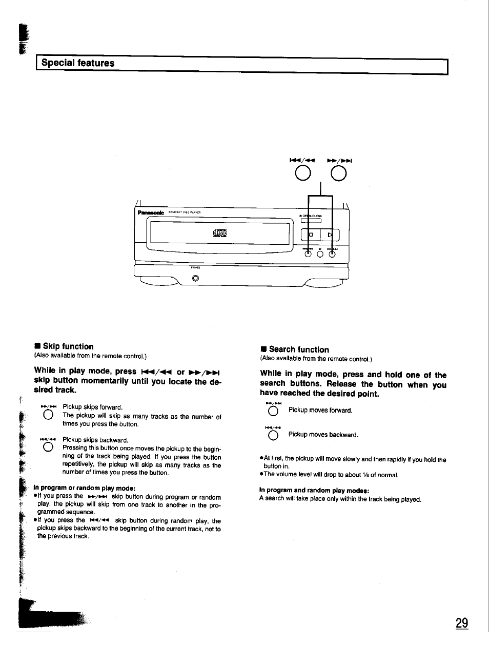 Special features, Skip function, While in play mode, press or | Search function | Panasonic SC-CH33 User Manual | Page 29 / 60