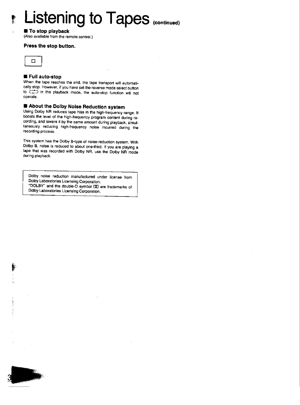 Listening to tapes, To stop playback, Press the stop button | Full auto-stop, About the dolby noise reduction system | Panasonic SC-CH33 User Manual | Page 32 / 60