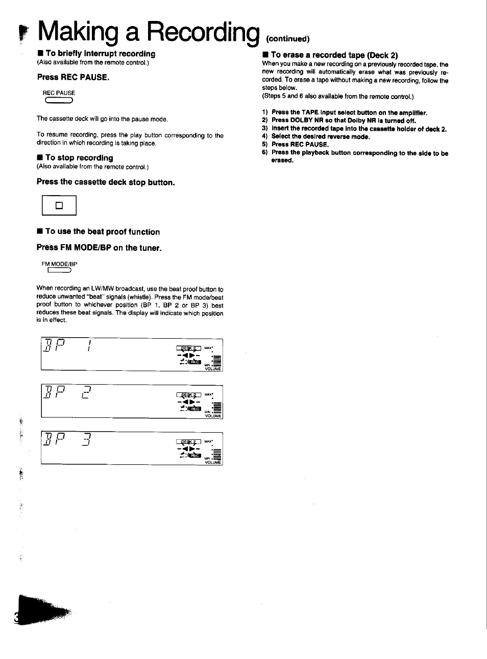 To briefly interrupt recording, Press rec pause, To stop recording | Press the cassette deck stop button, Continued), To erase a recorded tape (deck 2), T making a recording | Panasonic SC-CH33 User Manual | Page 36 / 60