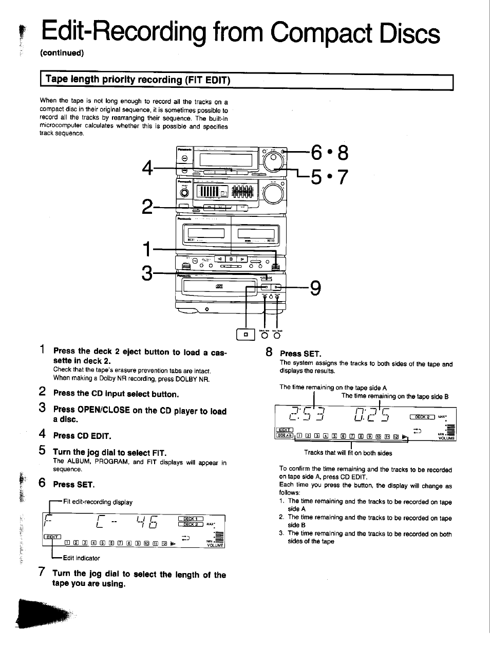 Edit-recording from compact discs, Continued), Tape length priority recording (fit edit) | 2 press the cd input select button, 3 press open/close on the cd player to load a disc, 4 press cd edit, 5 turn the jog dial to select fit, 6 press set, 8 press set, I ° i *o o' 1 | Panasonic SC-CH33 User Manual | Page 40 / 60