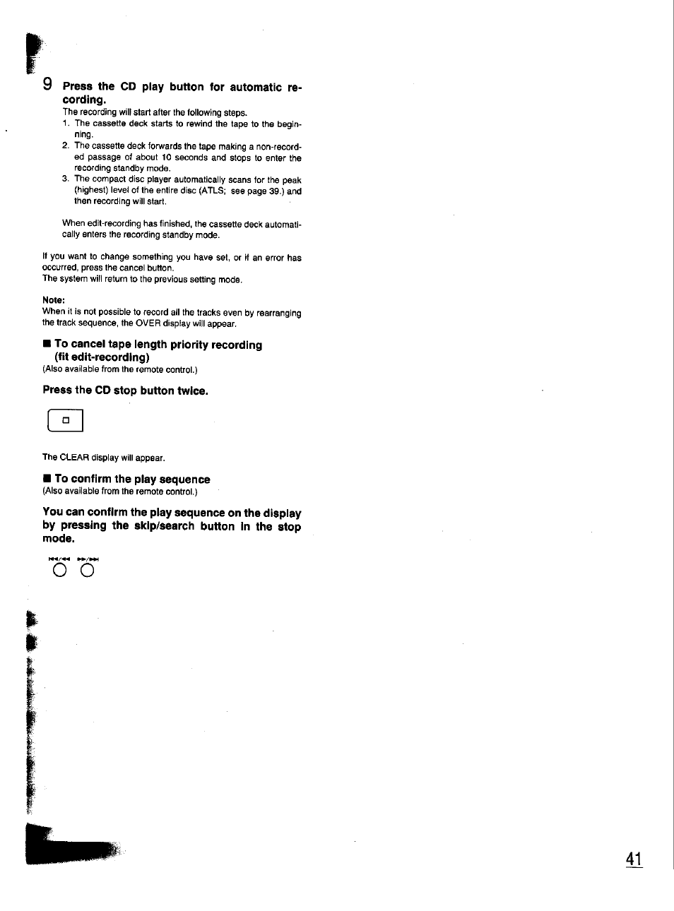 9 press the cd play button for automatic recording, Press the cd stop button twice, To confirm the play sequence | Panasonic SC-CH33 User Manual | Page 41 / 60