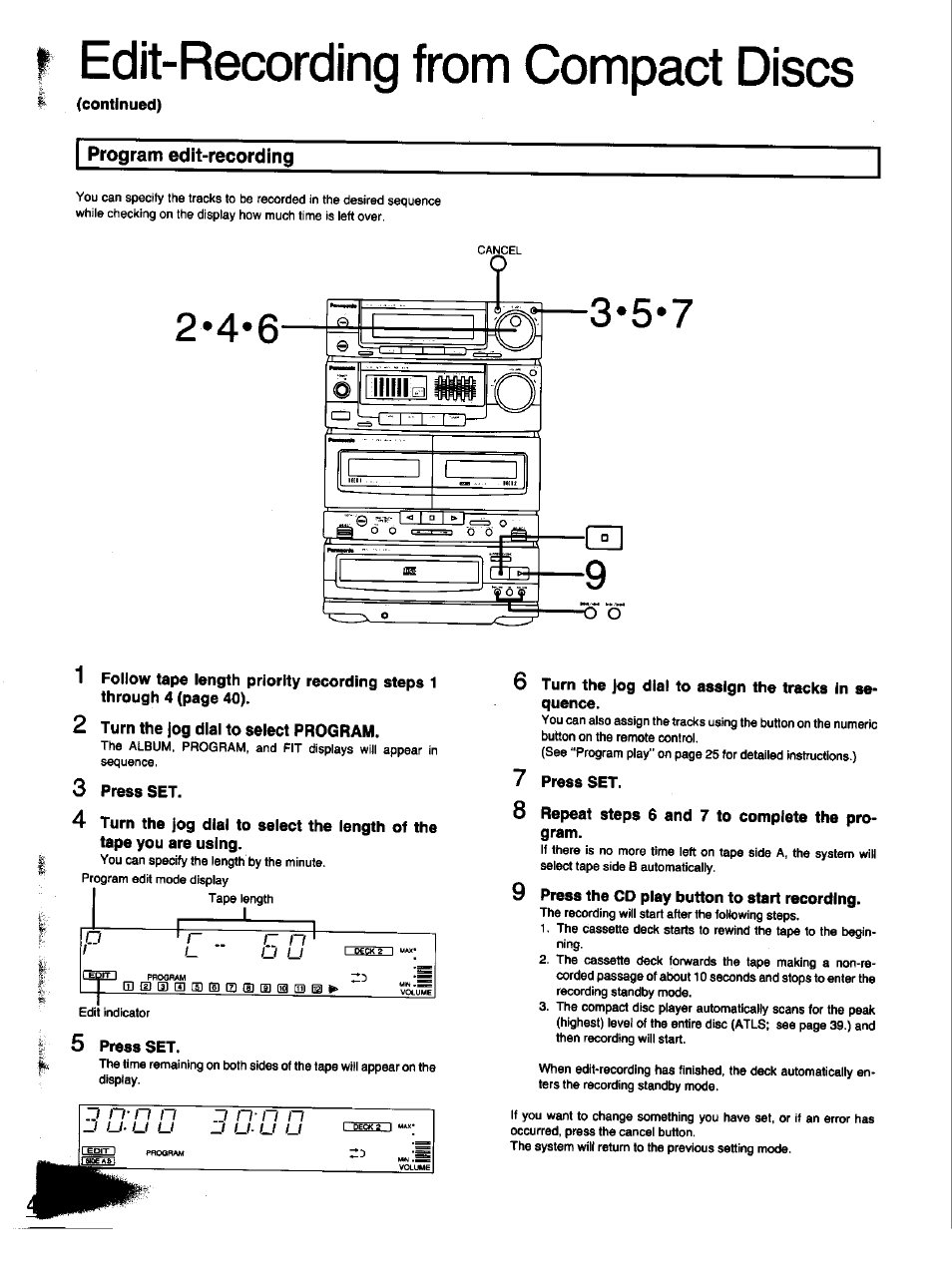 Edit-recording from compact discs, Continued), Program edit-recording | 3 press set, 5 press set, 7 press set, 8 repeat steps 6 and 7 to complete the program, 9 press the cd play button to start recording, M)n .me | Panasonic SC-CH33 User Manual | Page 42 / 60