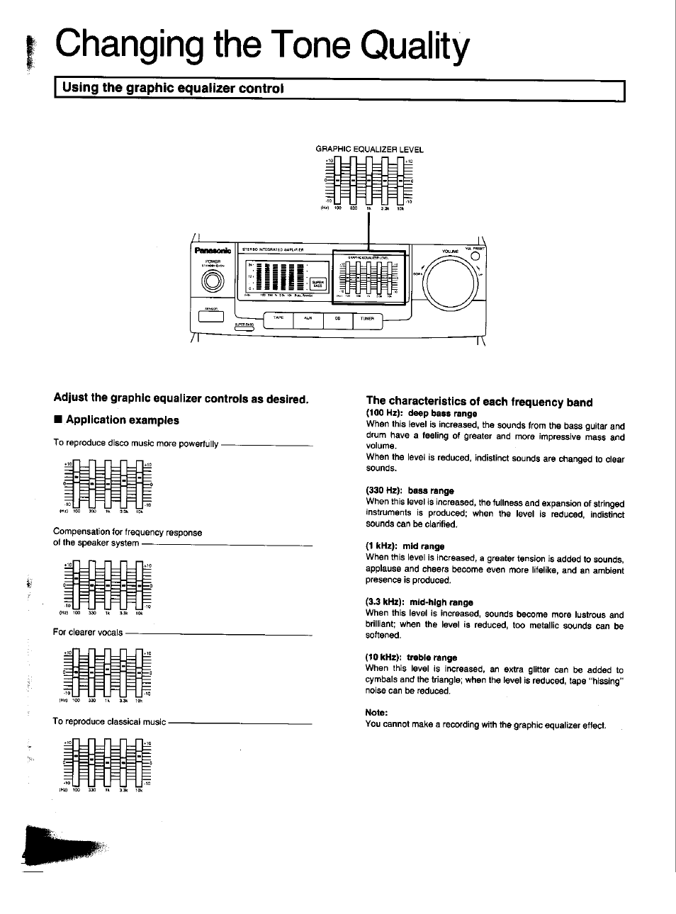 Changing the tone quality, Using the graphic equalizer control | Panasonic SC-CH33 User Manual | Page 44 / 60