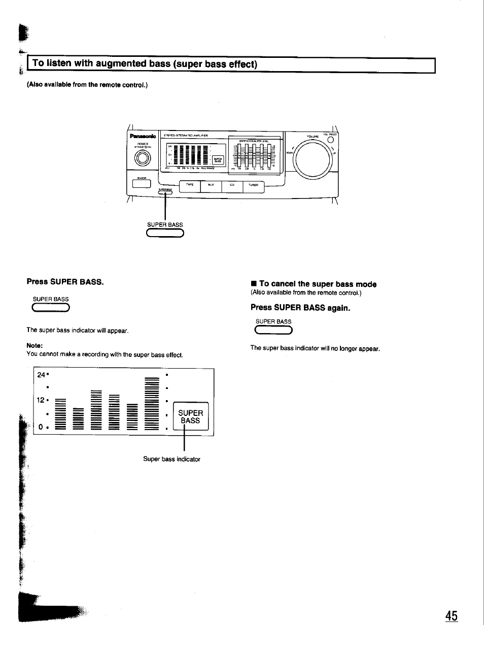 To listen with augmented bass (super bass effect), Press super bass | Panasonic SC-CH33 User Manual | Page 45 / 60