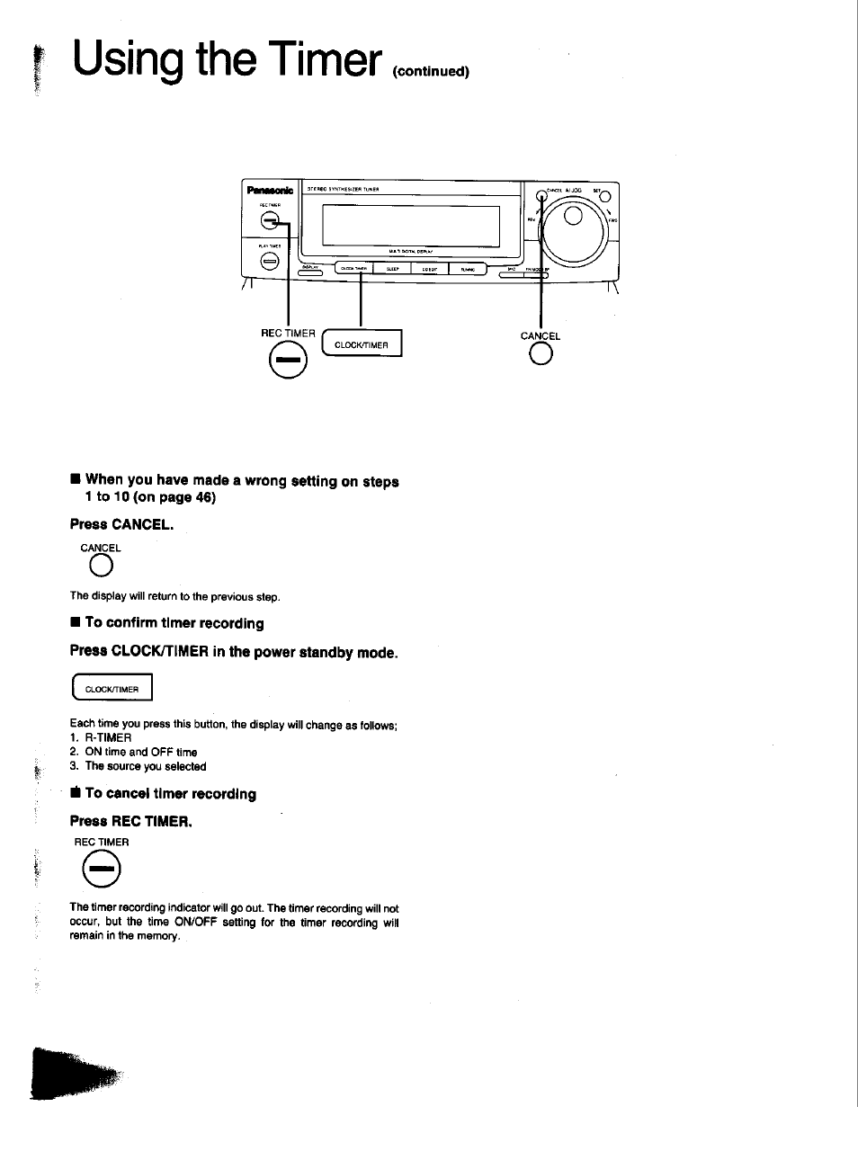 Using the timer, Press cancel, To confirm timer recording | Press clock/timer in the power standby mode, A to cancel timer recording press rec timer | Panasonic SC-CH33 User Manual | Page 50 / 60