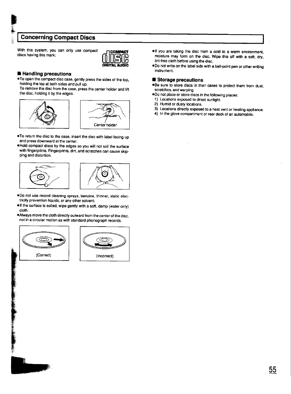 Concerning compact discs, Handling precautions, Storage precautions | Panasonic SC-CH33 User Manual | Page 55 / 60