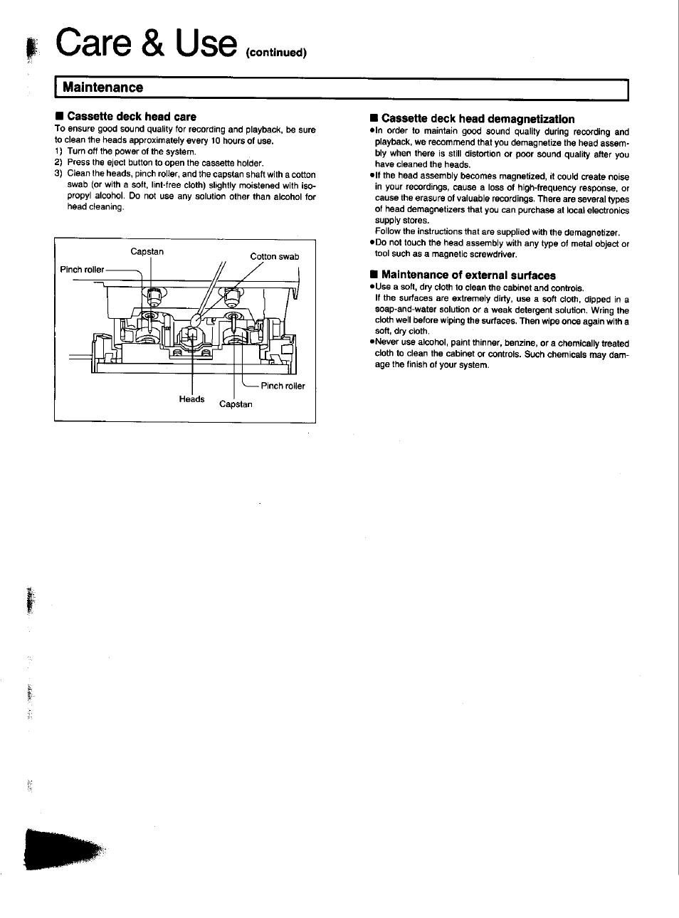 Maintenance, Cassette deck head care, Cassette deck head demagnetization | Maintenance of external surfaces, Care & use | Panasonic SC-CH33 User Manual | Page 56 / 60
