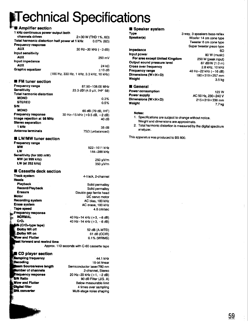 Irechnical specifications, Amplifier section, Speaker system | General, Technical specifications | Panasonic SC-CH33 User Manual | Page 59 / 60