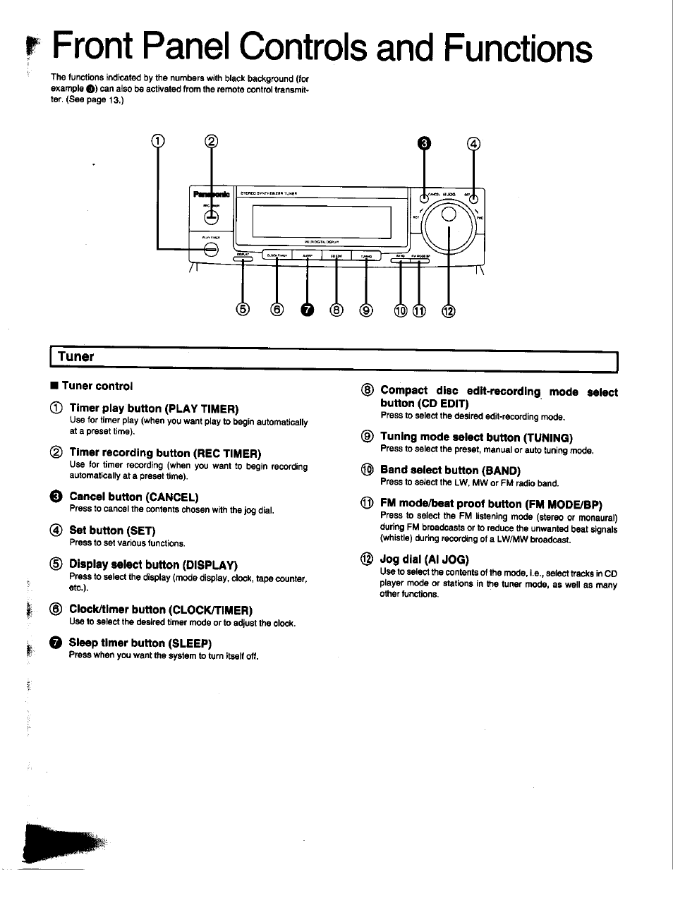 Front panel controls and functions, Tuner, Tuner control | Timer play button (play timer), 2) timer recording button (rec timer), 0 cancel button (cancel), 0 set button (set), D display select button (display), Clock/timer button (clock/timer), 0 sleep timer button (sleep) | Panasonic SC-CH33 User Manual | Page 8 / 60
