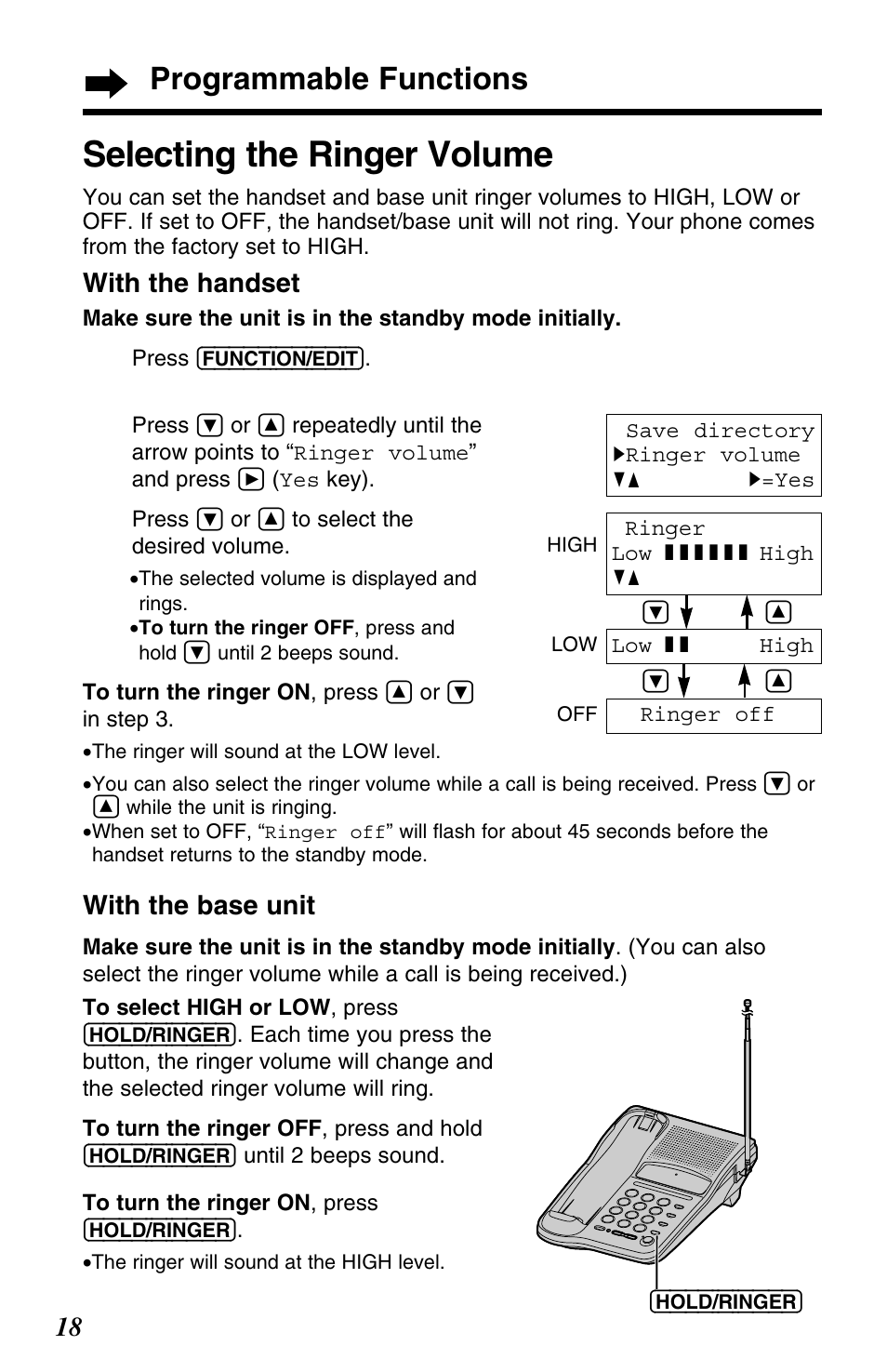 Selecting the ringer volume, Programmable functions | Panasonic KX-TC1220ALW User Manual | Page 18 / 60