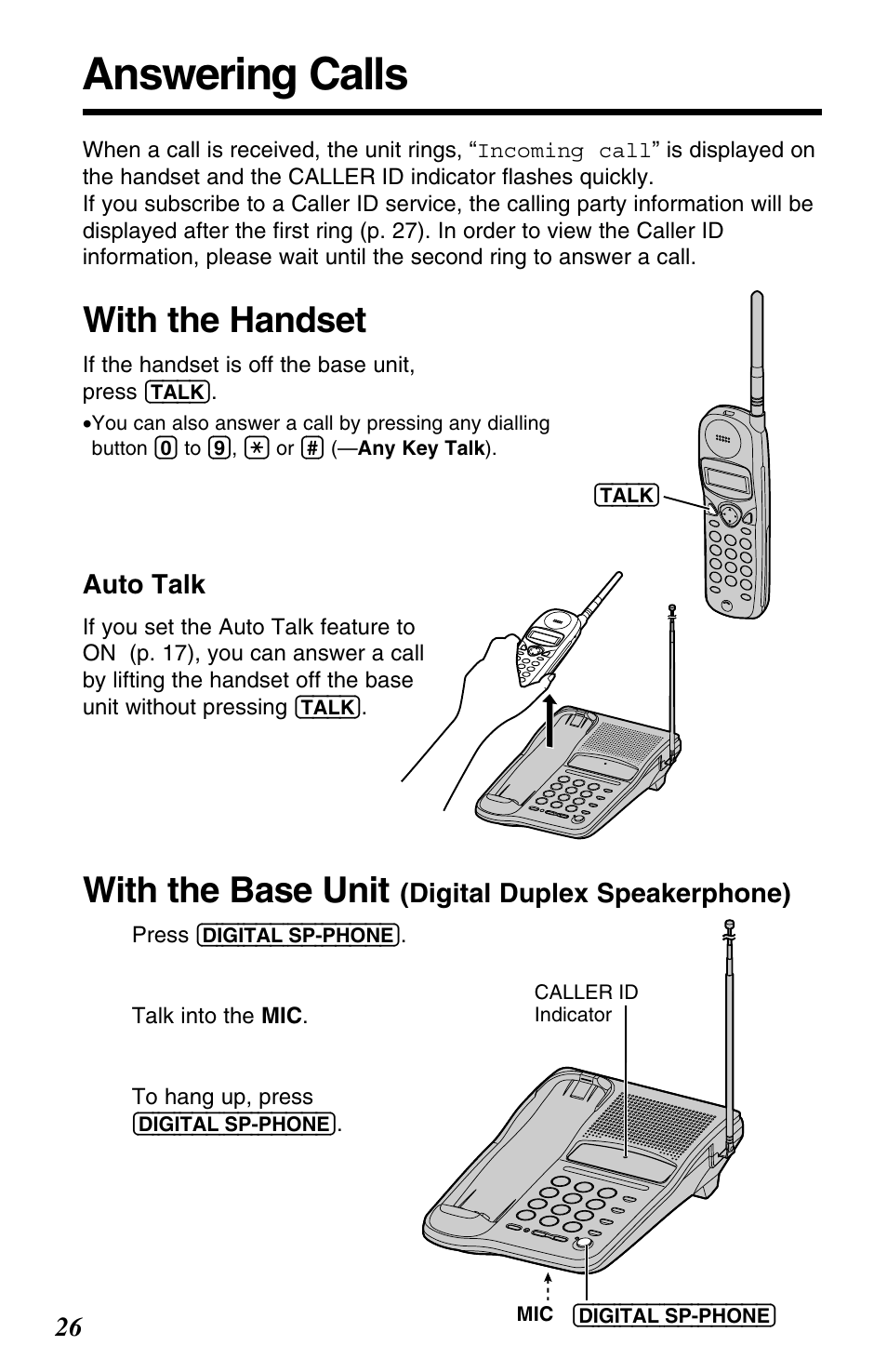 Answering calls, With the base unit, With the handset | Panasonic KX-TC1220ALW User Manual | Page 26 / 60