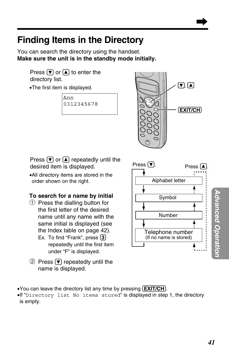 Finding items in the directory, 41 advanced operation | Panasonic KX-TC1220ALW User Manual | Page 41 / 60