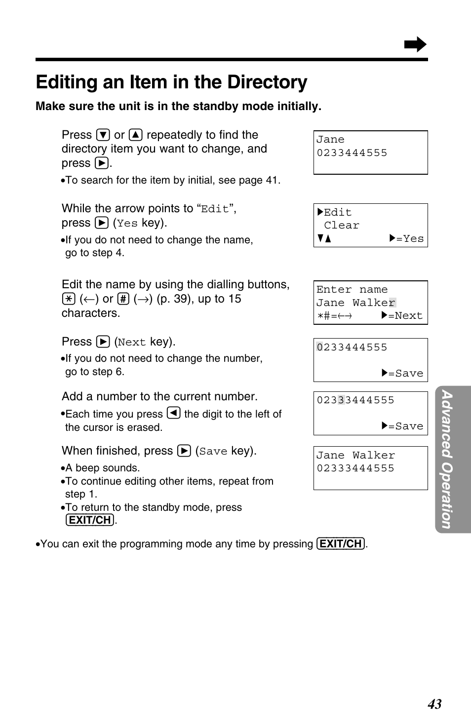 Editing an item in the directory | Panasonic KX-TC1220ALW User Manual | Page 43 / 60