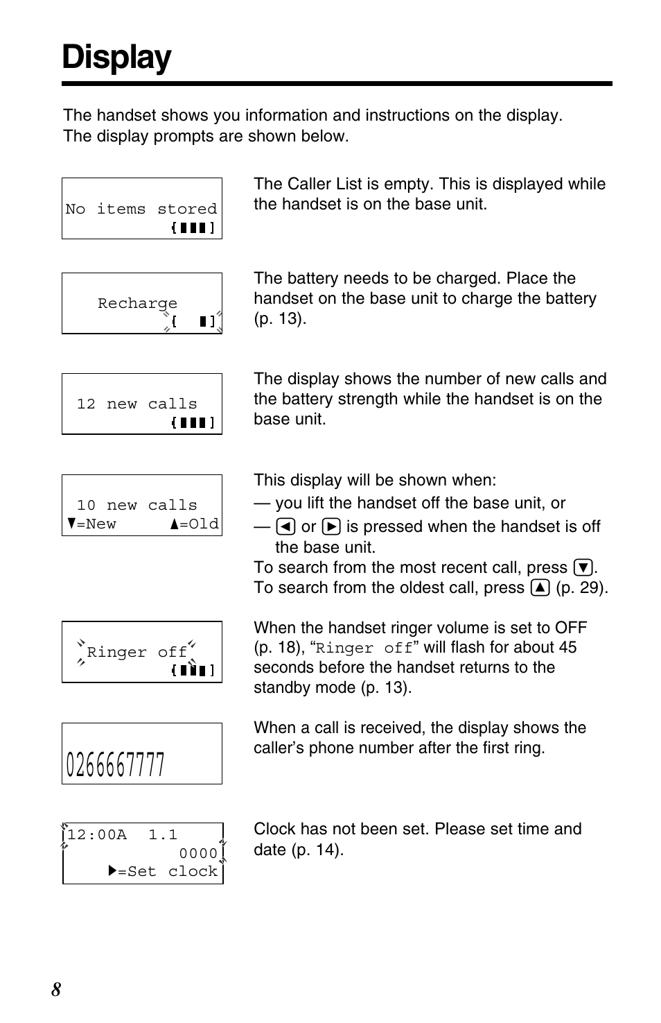 Display | Panasonic KX-TC1220ALW User Manual | Page 8 / 60