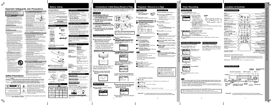Important safeguards and precautions, Before using, Connections and initial setup (ready to play) | Playback / record on a tape, Timer recording, Location of controls, Connections / initial setup (ready to play), Safety precautions, Front view of the vcr, Pv-v4602 | Panasonic PV-V4602 User Manual | Page 2 / 4