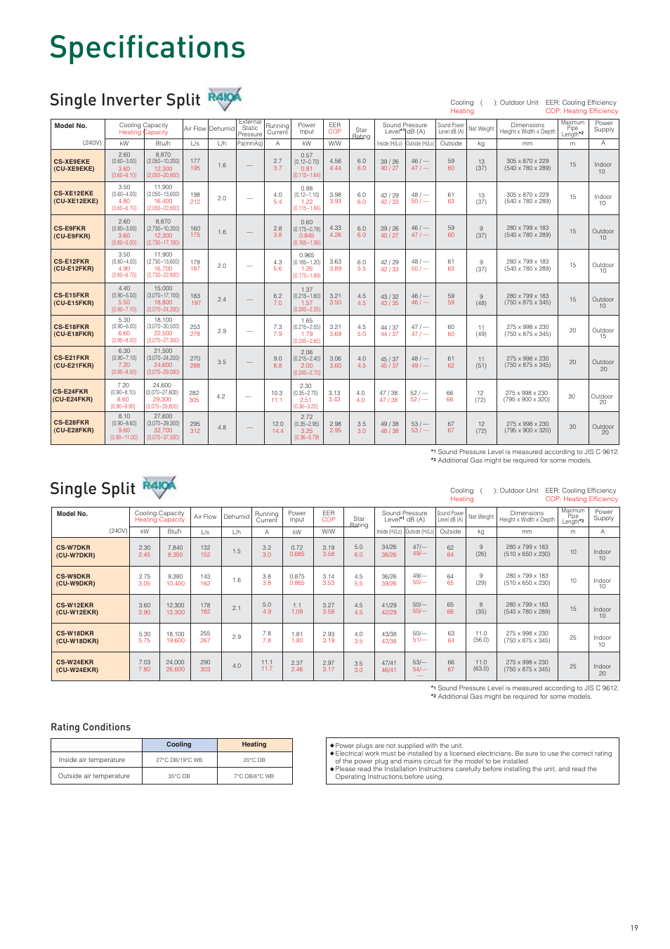 Specifications, Single inverter split, Single split | Rating conditions | Panasonic AC Robot 2006/2007 User Manual | Page 19 / 20