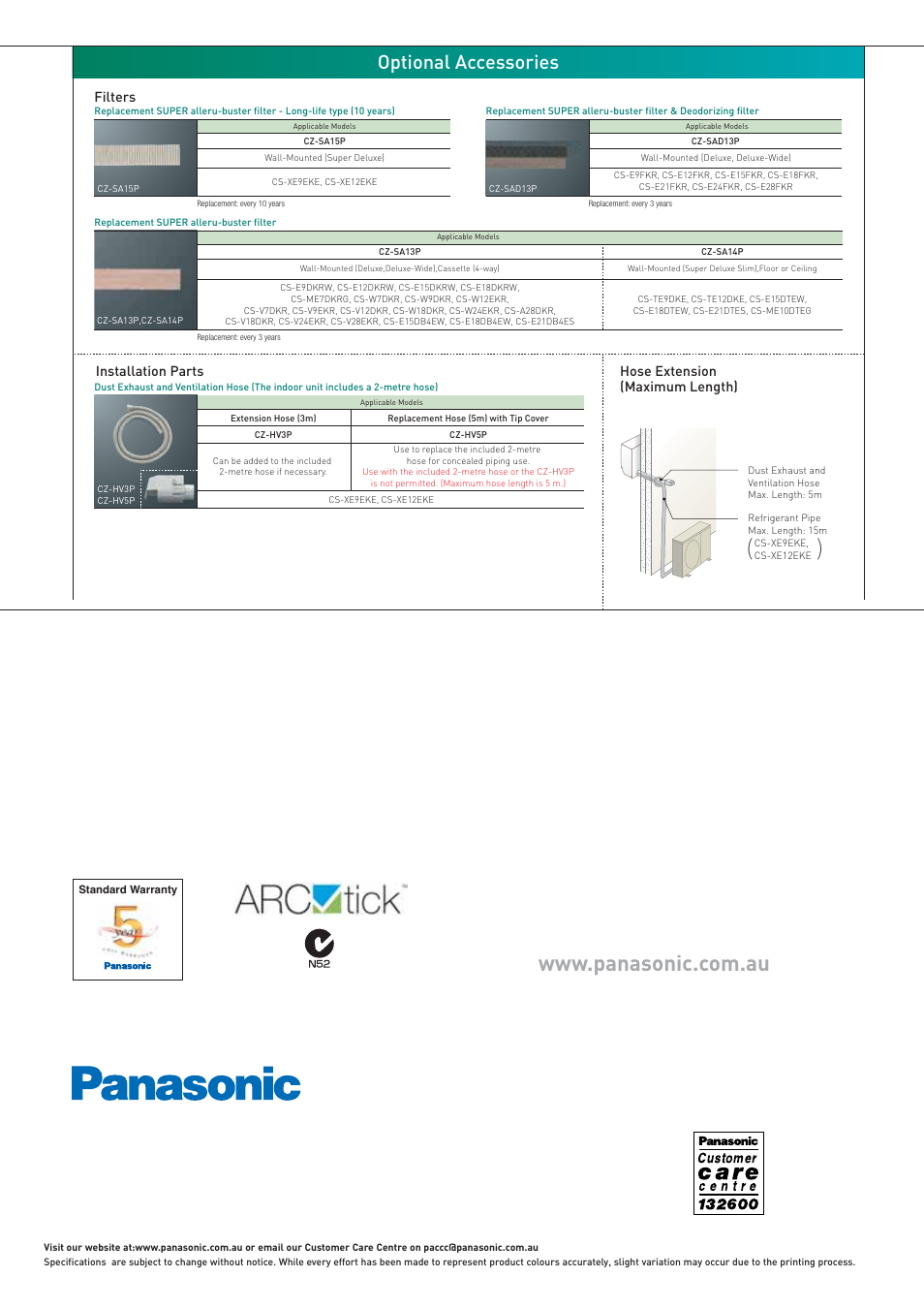 Optional accessories, Filters hose extension (maximum length), Installation parts | Panasonic AC Robot 2006/2007 User Manual | Page 20 / 20