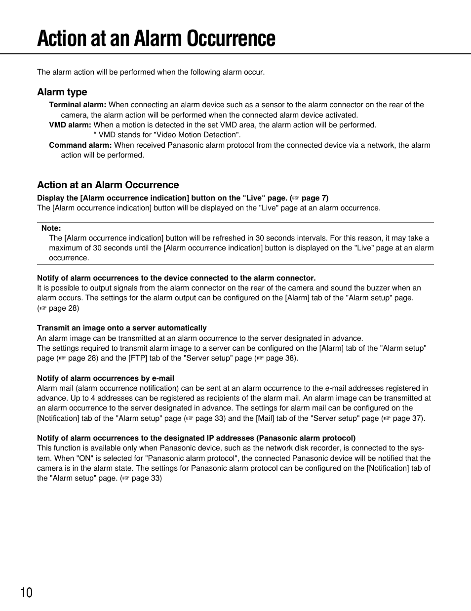 Action at an alarm occurrence | Panasonic WV-NP244 User Manual | Page 10 / 54