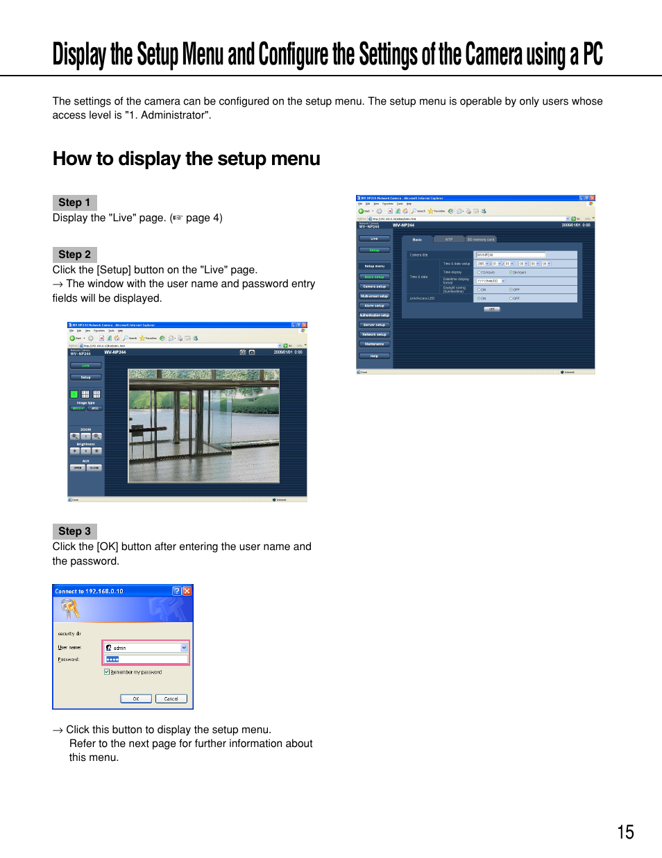 How to display the setup menu | Panasonic WV-NP244 User Manual | Page 15 / 54