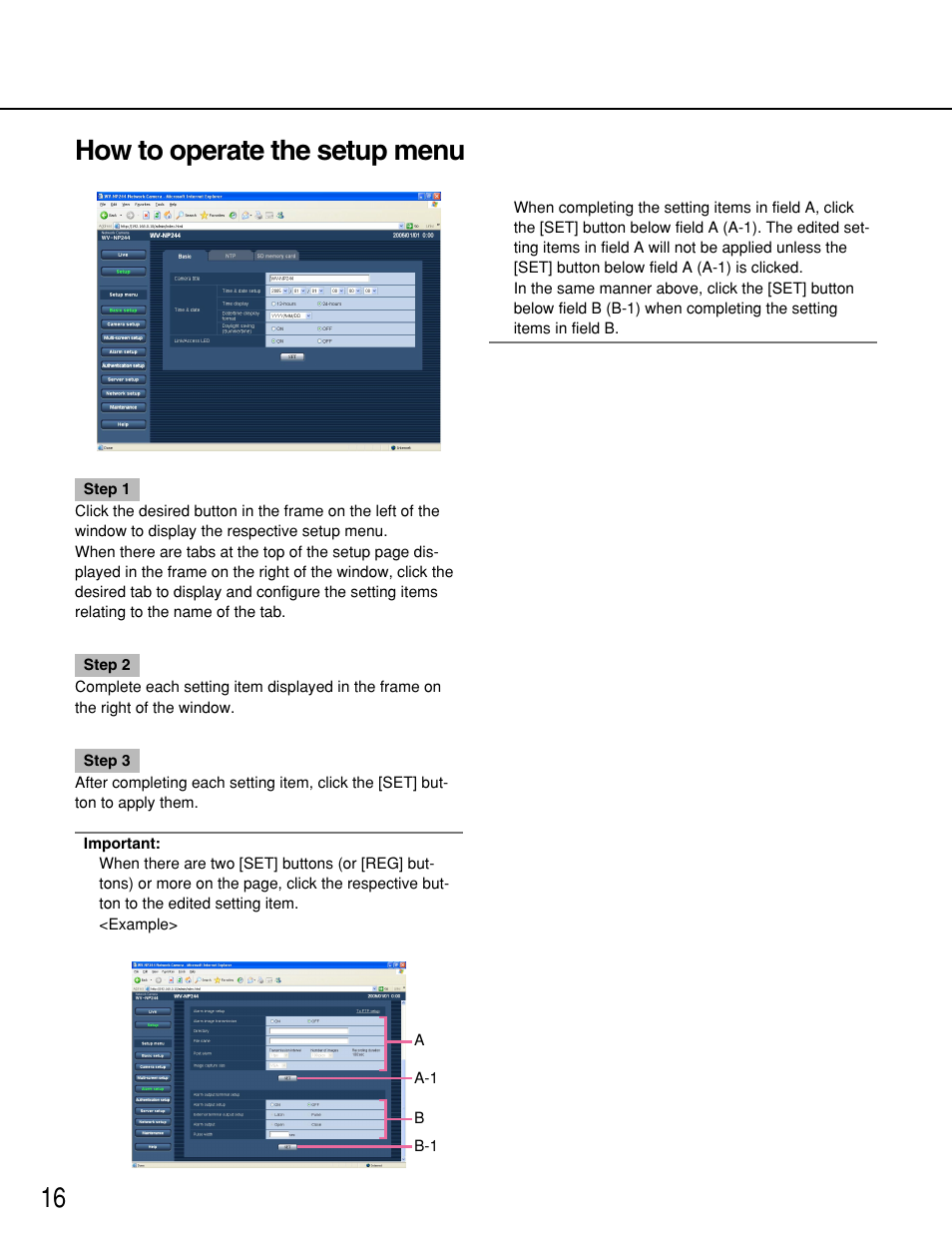 How to operate the setup menu, 16 how to operate the setup menu | Panasonic WV-NP244 User Manual | Page 16 / 54