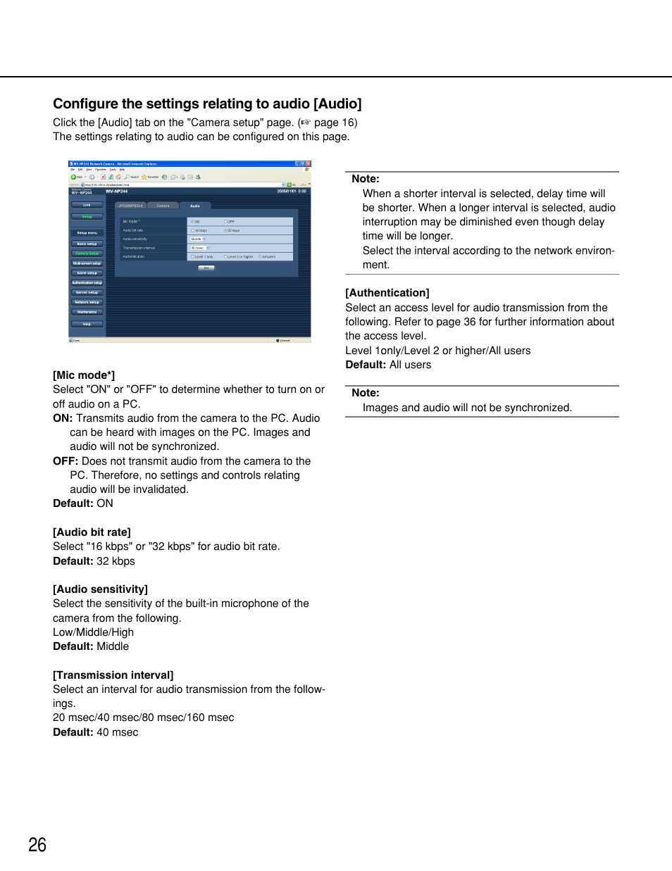 Configure the settings relating to audio [audio | Panasonic WV-NP244 User Manual | Page 26 / 54