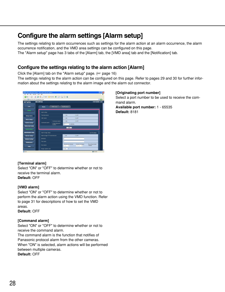 Configure the alarm settings [alarm setup, 28 configure the alarm settings [alarm setup | Panasonic WV-NP244 User Manual | Page 28 / 54