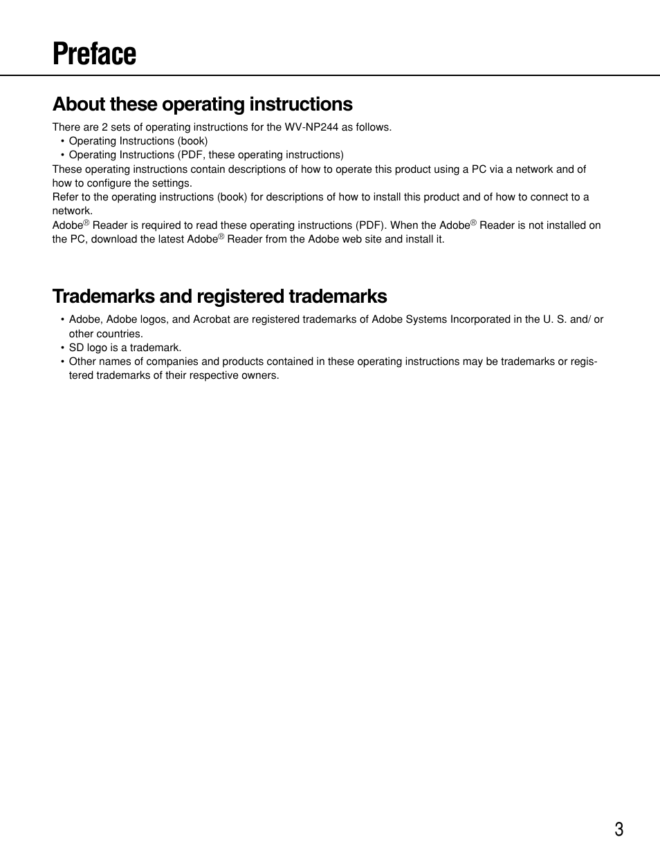 Preface, About these operating instructions, Trademarks and registered trademarks | Panasonic WV-NP244 User Manual | Page 3 / 54