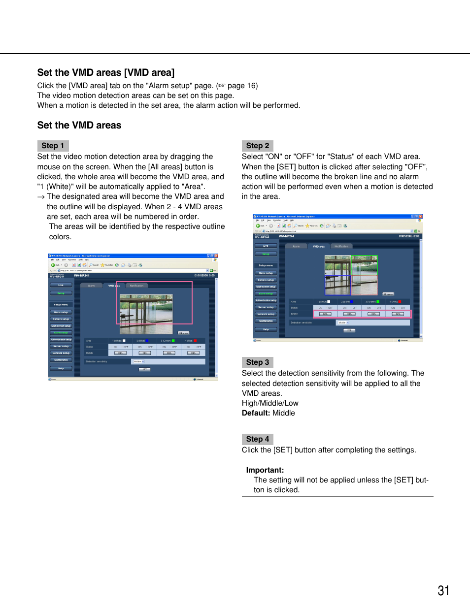 Set the vmd areas [vmd area, Set the vmd areas | Panasonic WV-NP244 User Manual | Page 31 / 54