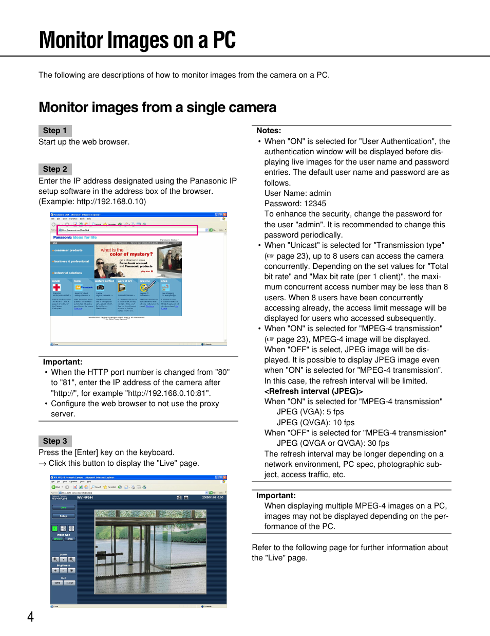 Monitor images on a pc, Monitor images from a single camera | Panasonic WV-NP244 User Manual | Page 4 / 54