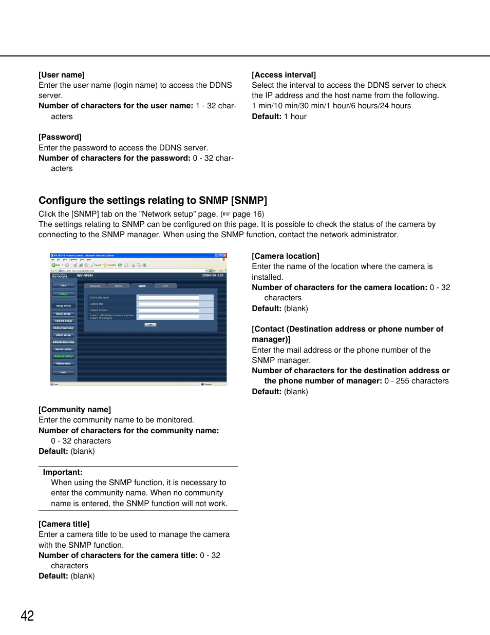 Configure the settings relating to snmp [snmp | Panasonic WV-NP244 User Manual | Page 42 / 54