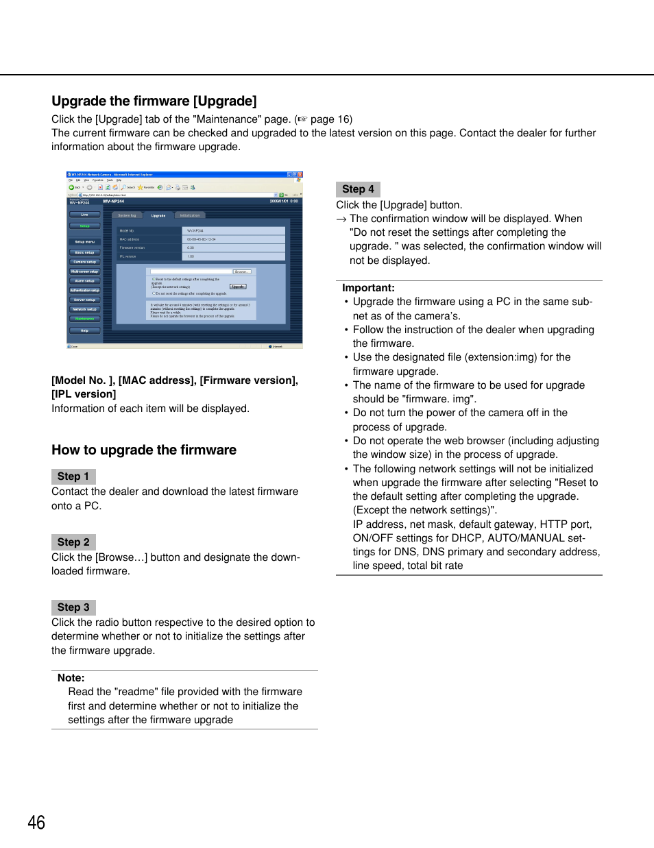 Upgrade the firmware [upgrade, How to upgrade the firmware | Panasonic WV-NP244 User Manual | Page 46 / 54