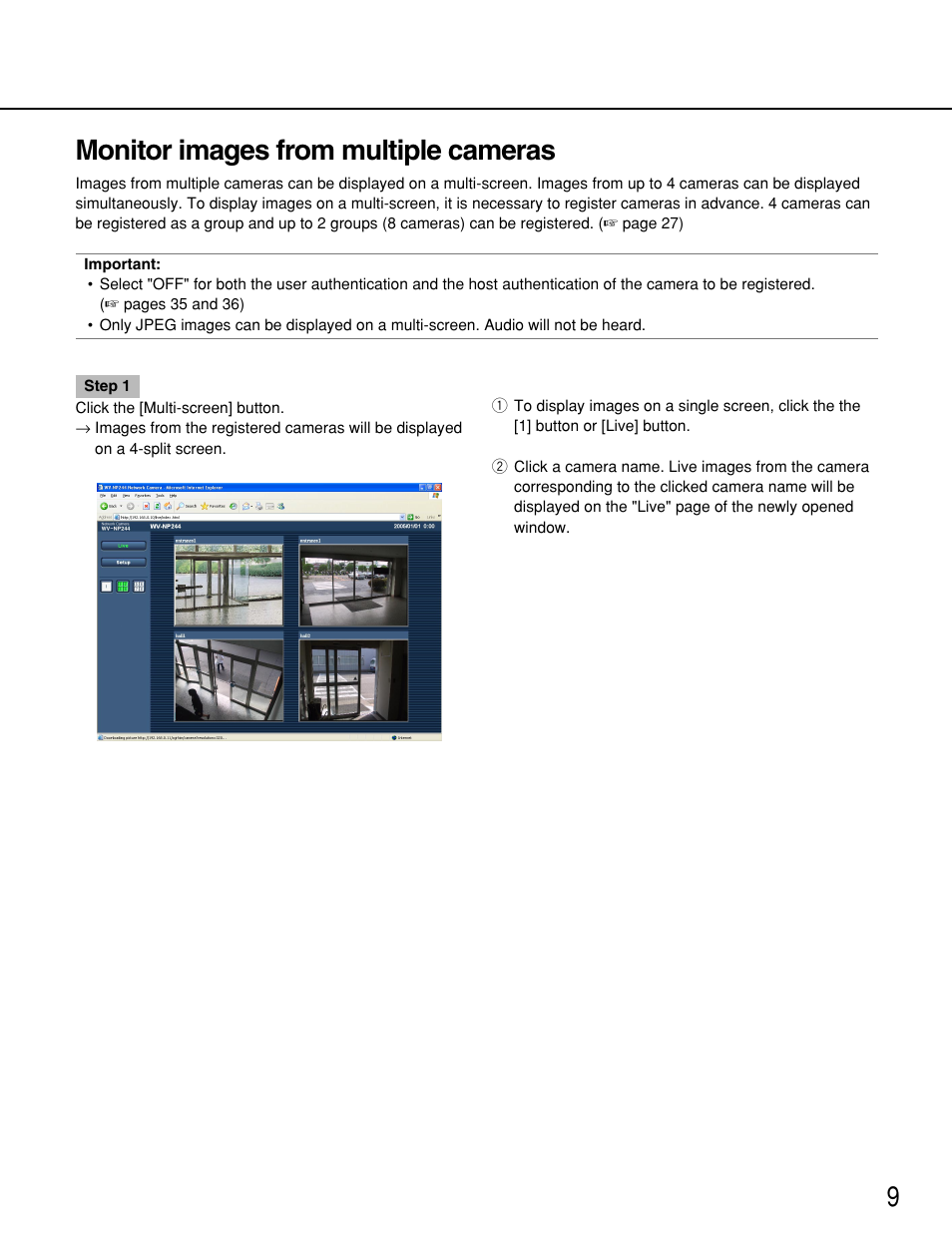 Monitor images from multiple cameras, 9monitor images from multiple cameras | Panasonic WV-NP244 User Manual | Page 9 / 54