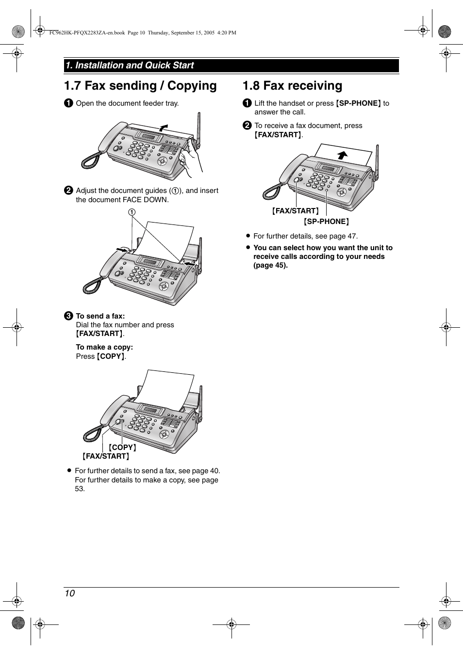 Quick start, 7 fax sending / copying, 8 fax receiving | Fax sending / copying, Fax receiving, 7 fax sending / copying, 8 fax receiving | Panasonic KX-FC962HK User Manual | Page 10 / 104