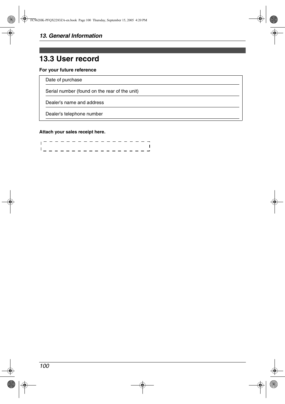 User record, 3 user record, 3 user record | General information 100 | Panasonic KX-FC962HK User Manual | Page 100 / 104