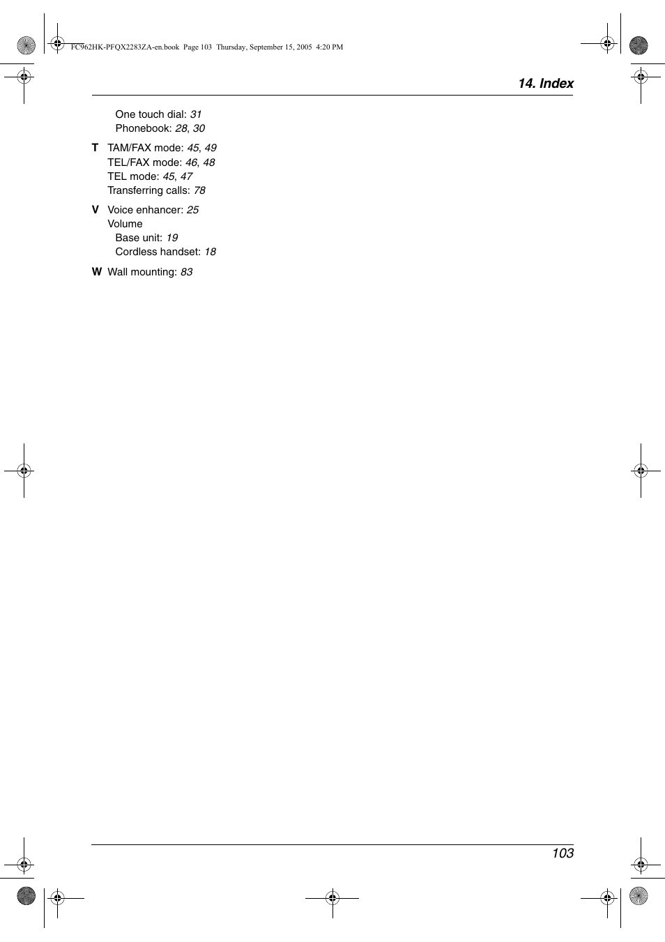 Index 103 | Panasonic KX-FC962HK User Manual | Page 103 / 104