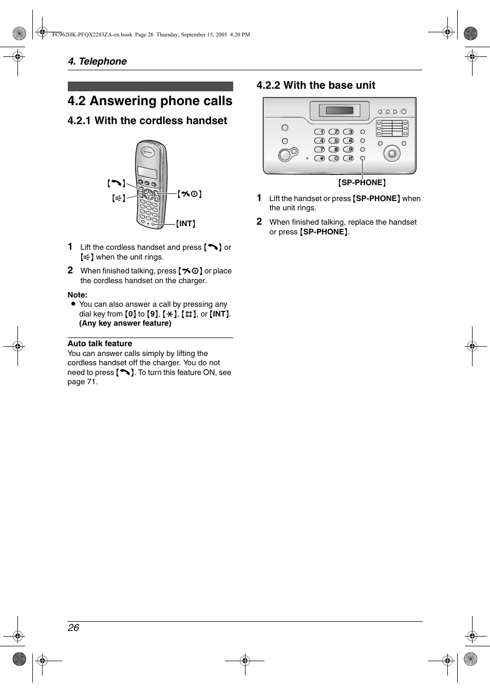 2 answering phone calls, Answering phone calls, 2 answering phone calls | 1 with the cordless handset, 2 with the base unit | Panasonic KX-FC962HK User Manual | Page 26 / 104