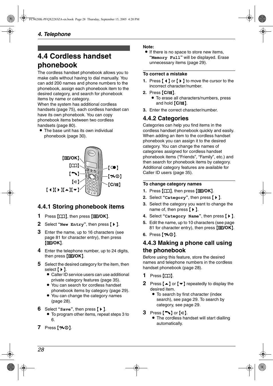 Automatic dialling, 4 cordless handset phonebook, Cordless handset phonebook | 4 cordless handset phonebook, 1 storing phonebook items, 2 categories, 3 making a phone call using the phonebook | Panasonic KX-FC962HK User Manual | Page 28 / 104