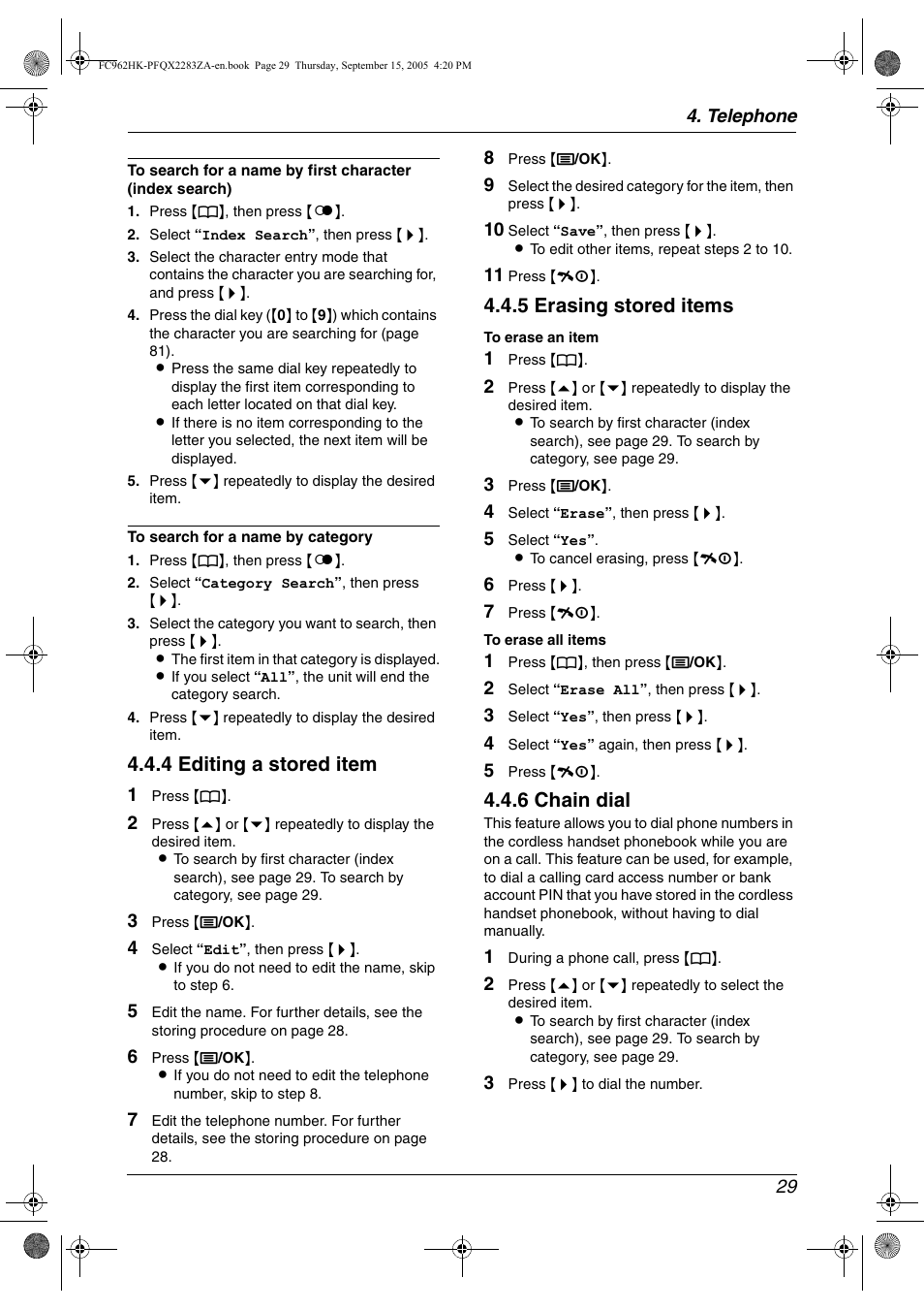 4 editing a stored item, 5 erasing stored items, 6 chain dial | Panasonic KX-FC962HK User Manual | Page 29 / 104