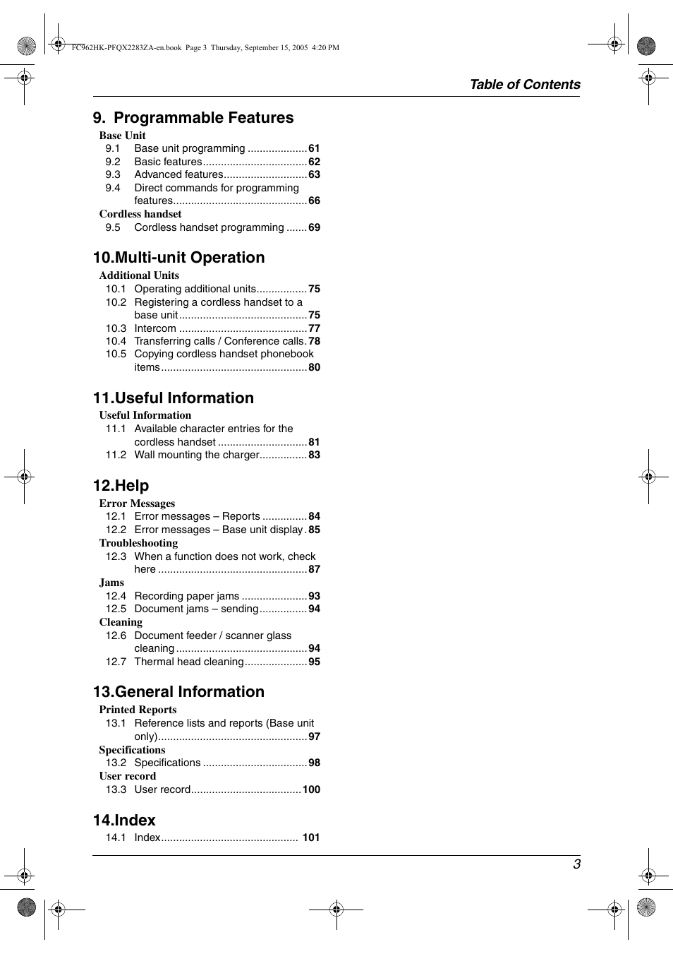 Programmable features, Multi-unit operation, Useful information | Help, General information, Index | Panasonic KX-FC962HK User Manual | Page 3 / 104