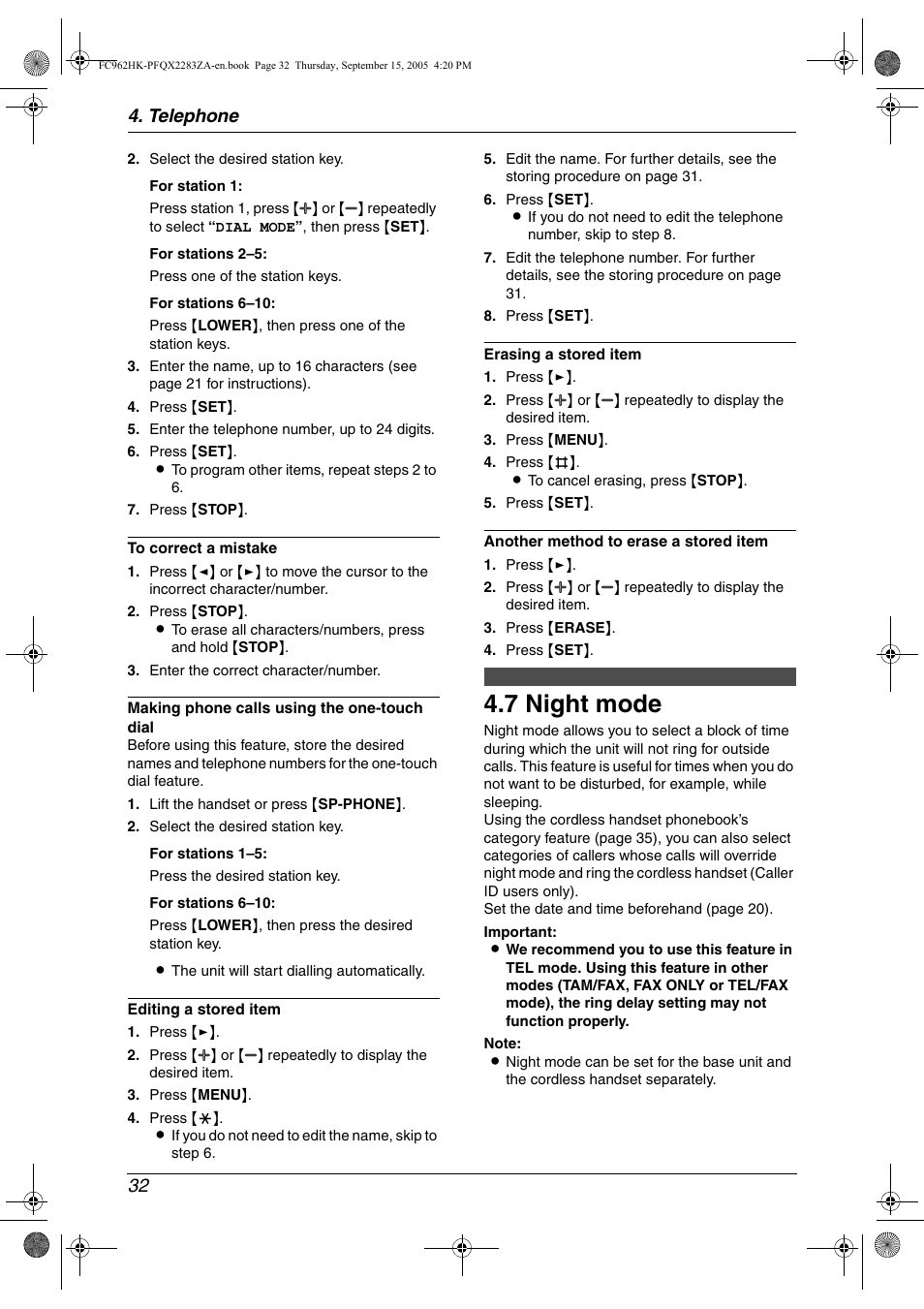 7 night mode, Night mode, 7 night mode | Telephone 32 | Panasonic KX-FC962HK User Manual | Page 32 / 104