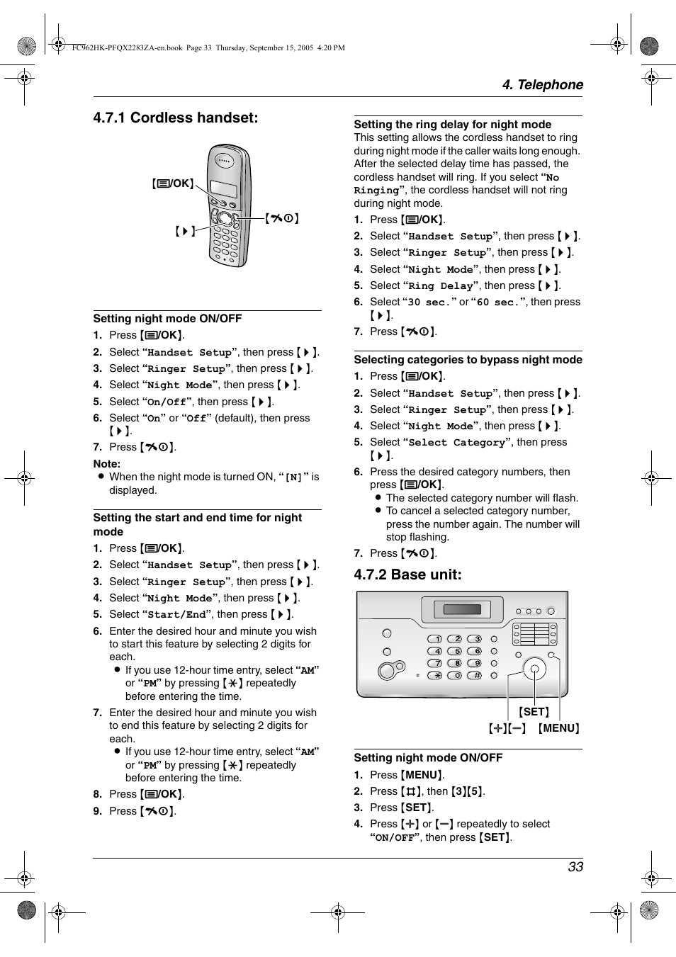 1 cordless handset, 2 base unit, Telephone 33 | Panasonic KX-FC962HK User Manual | Page 33 / 104