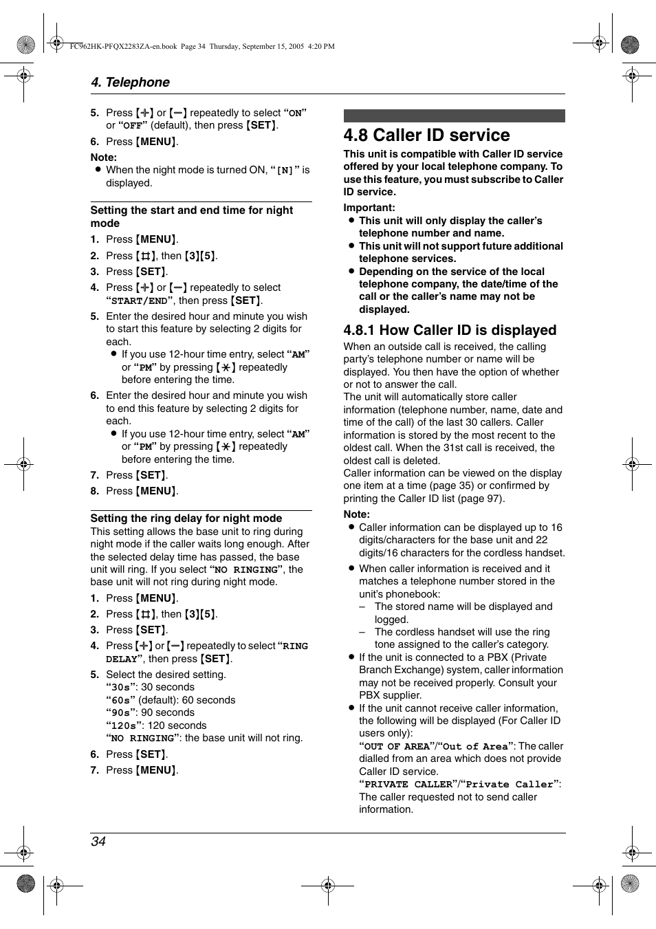 Caller id, 8 caller id service, Caller id service | 8 caller id service, 1 how caller id is displayed, Telephone 34 | Panasonic KX-FC962HK User Manual | Page 34 / 104