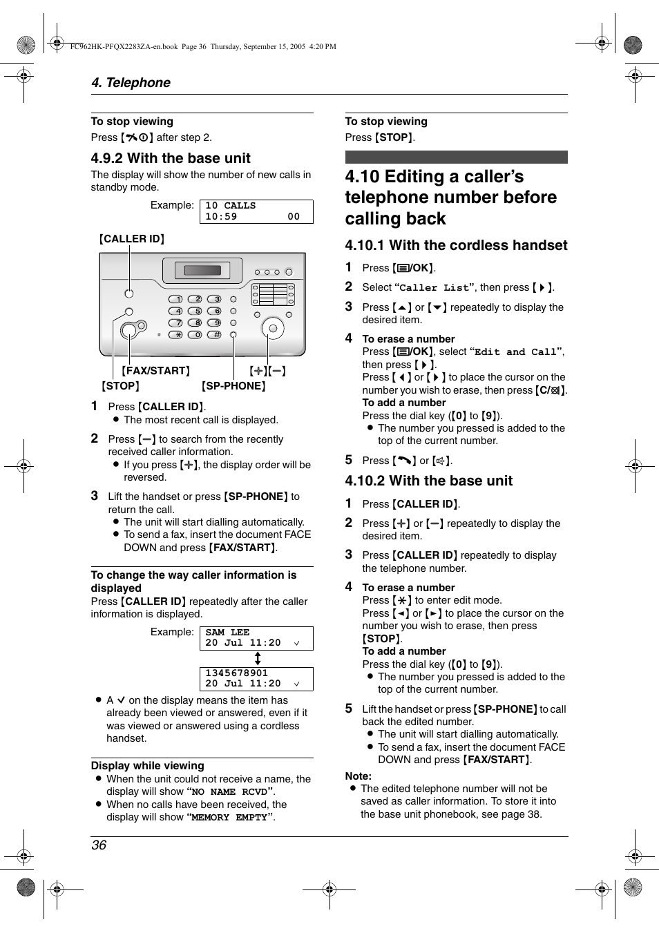 Editing a caller’s telephone number, Before calling back, 2 with the base unit | 1 with the cordless handset | Panasonic KX-FC962HK User Manual | Page 36 / 104