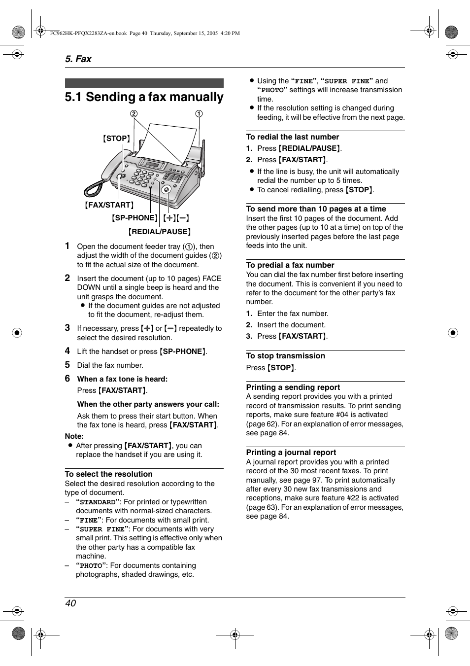 Sending faxes, 1 sending a fax manually, Sending a fax manually | 1 sending a fax manually, Fax 40 | Panasonic KX-FC962HK User Manual | Page 40 / 104